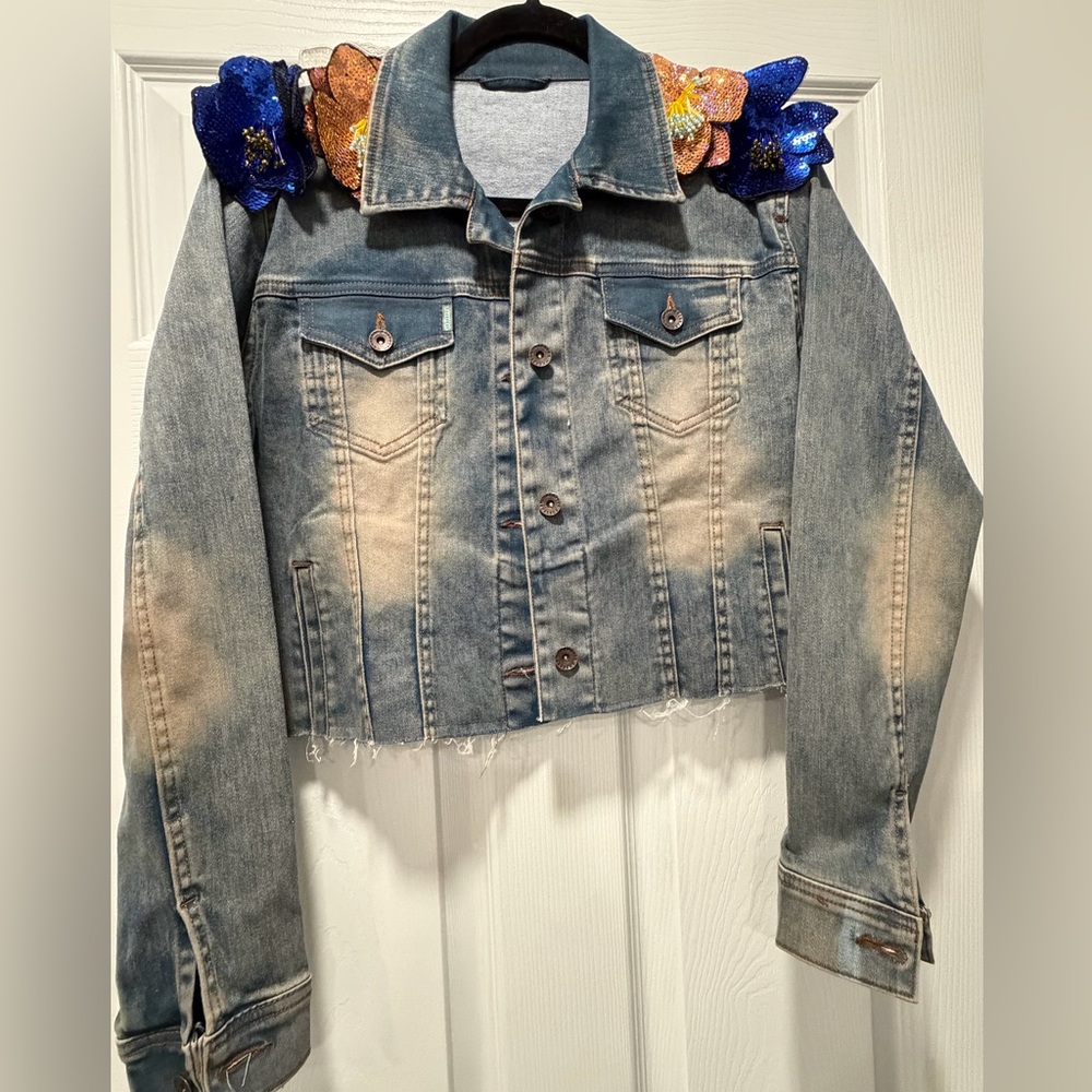 Crop Denim Jacket with Floral Accents
